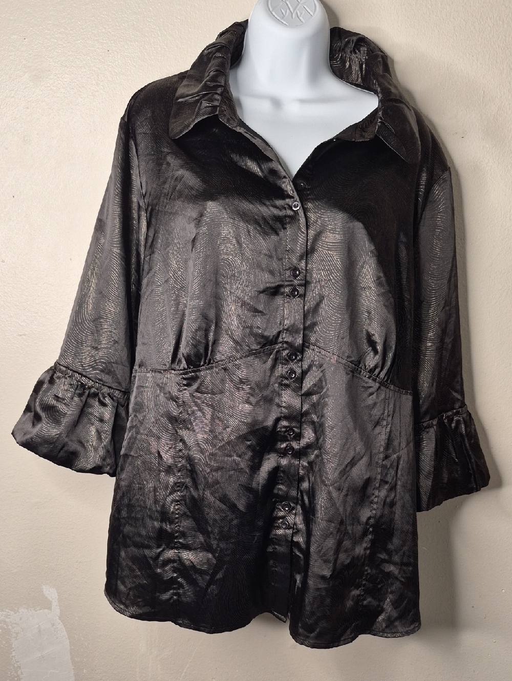 Womens Black Satin Button-Front Blouse